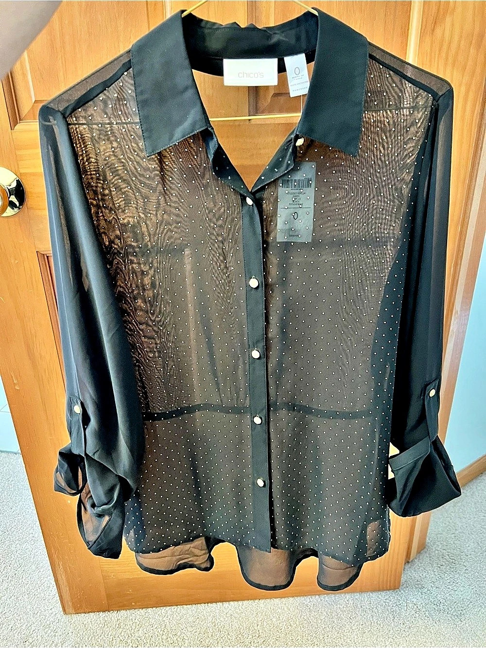 Chico's Maria Studded Peplum Top Studded Peplum Blouse in Black Size 0 NWT